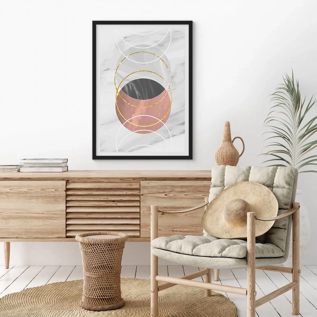 Pôster com moldura preta - Composição abstrata com círculos e detalhes dourados - 50x70cm - Música das esferas - Decoração de parede moderna para a sala de estar e quarto ARTTOR