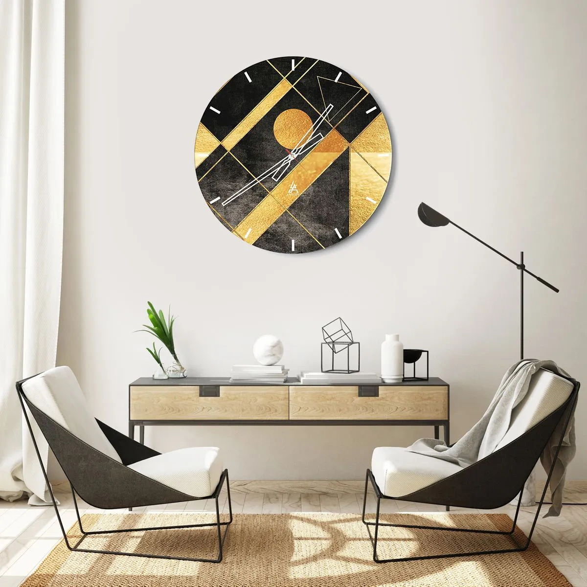 Relógio de parede - Relógio em vidro - Formas geométricas douradas sobre fundo preto com motivo de sol - 30x30cm - Sol do Deserto - Decoração de parede moderna para a sala de estar, cozinha e quarto ARTTOR