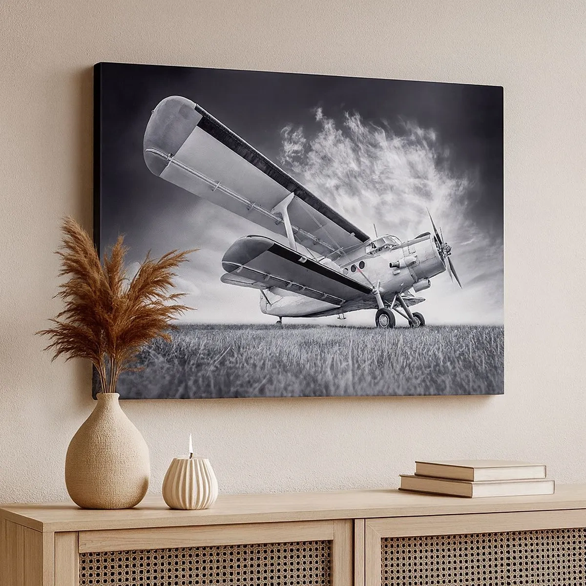 Quadro em tela - Um avião contra um céu dramático em preto e branco - 70x50cm - Andarilho alado - Decoração de parede moderna para a sala de estar e quarto ARTTOR