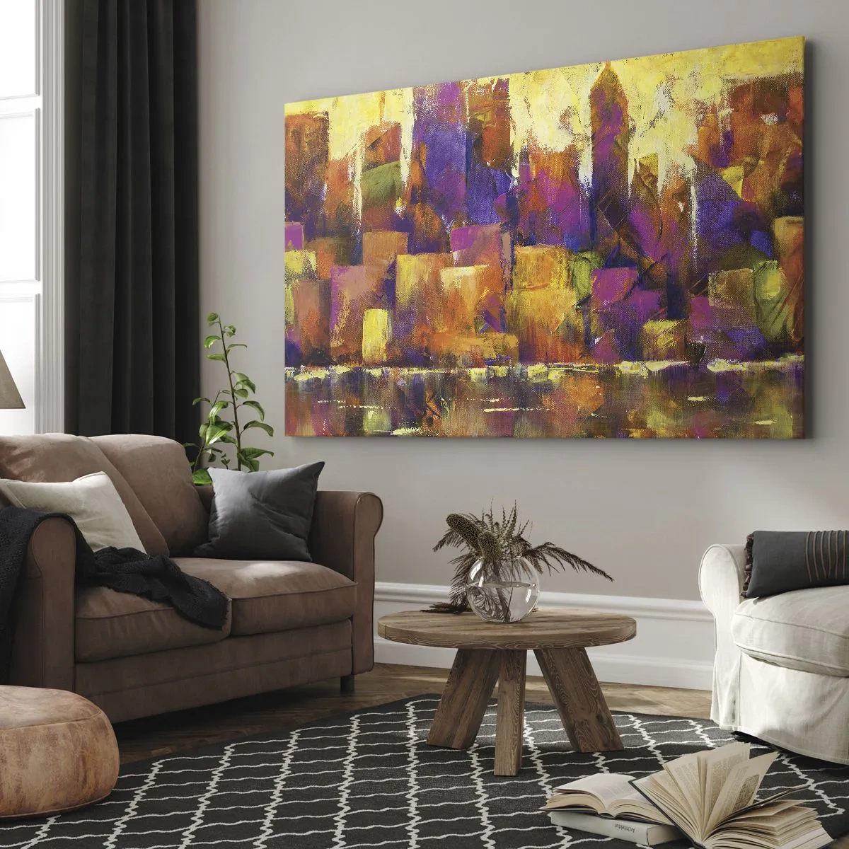 Quadro em tela - Composição abstrata de uma metrópole em tons de amarelo e roxo - 70x50cm - Composição metropolitana - Decoração de parede moderna para a sala de estar e quarto ARTTOR