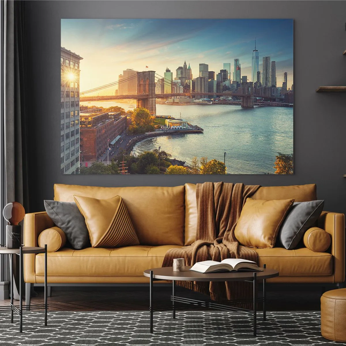 Quadro em vidro - Panorama da cidade de Nova York com a Ponte do Brooklyn - 70x50cm - O amanhecer da cidade grande - Decoração de parede moderna para a sala de estar e quarto ARTTOR