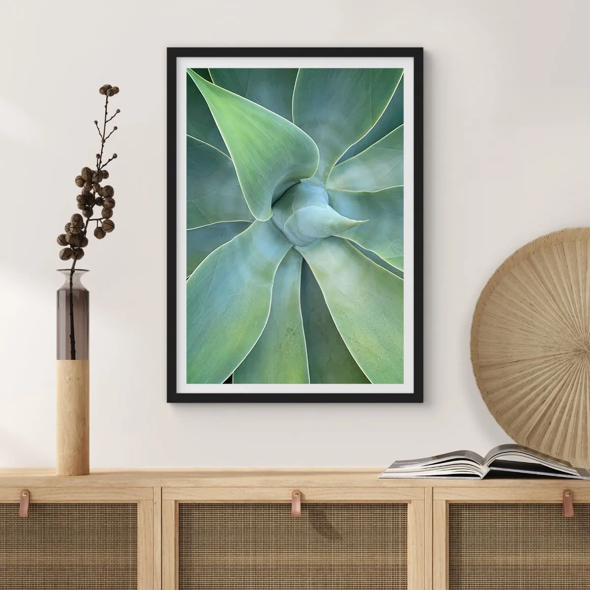Pôster com moldura preta - Close-up de folhas suculentas simétricas - 50x70cm - O nascimento da vegetação - Decoração de parede moderna para a sala de estar e quarto ARTTOR