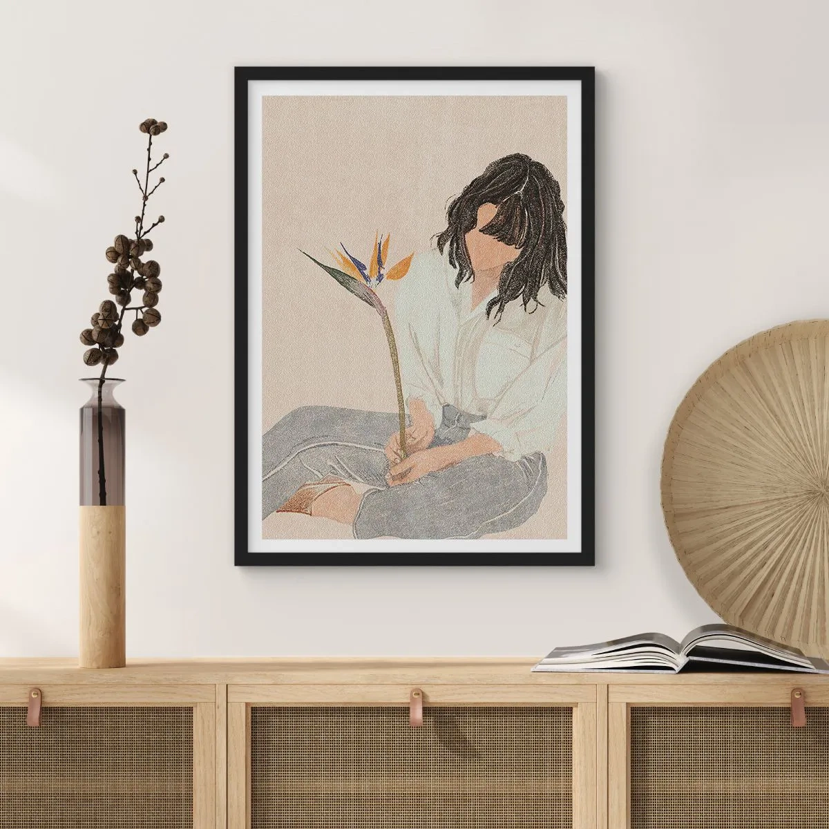 Pôster com moldura preta - Retrato de uma mulher segurando uma flor exótica, com um delicado toque de cor - 50x70cm - Retrato com uma flor exótica - Decoração de parede moderna para a sala de estar e quarto ARTTOR