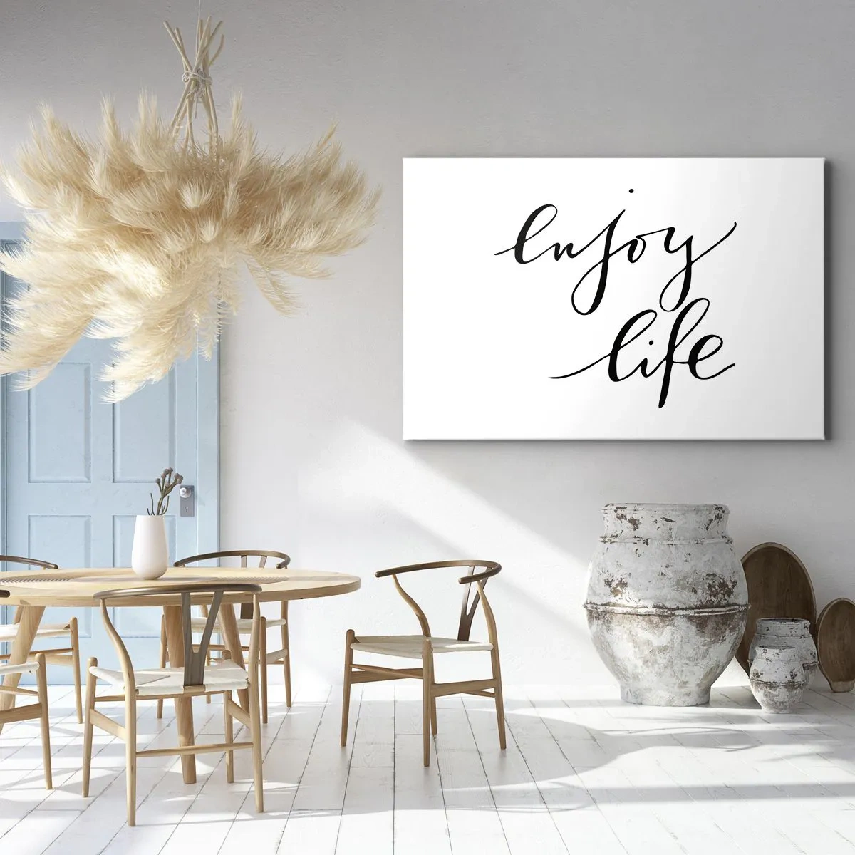 Quadro em tela - A citação 'aproveite a vida' em caligrafia preta sobre fundo branco - 70x50cm - Nada mais... - Decoração de parede moderna para a sala de estar e quarto ARTTOR