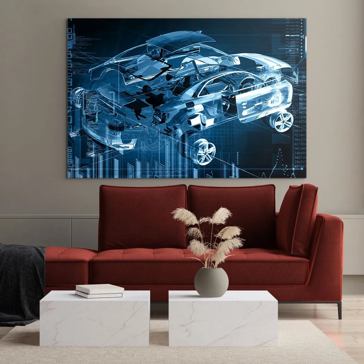 Quadro em vidro - Diagrama tecnológico de um carro de estilo futurista - 70x50cm - Anatomia da engenharia - Decoração de parede moderna para a sala de estar e quarto ARTTOR