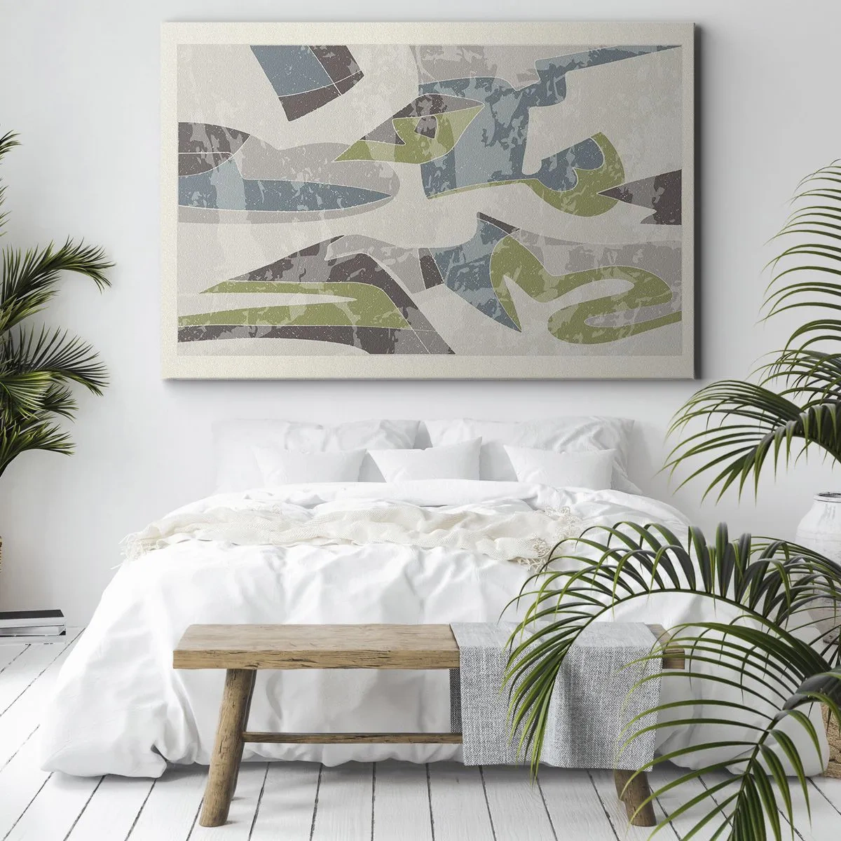 Quadro em tela - Formas abstratas em verde e azul sobre fundo claro - 70x50cm - Composição atrás do vidro - Decoração de parede moderna para a sala de estar e quarto ARTTOR