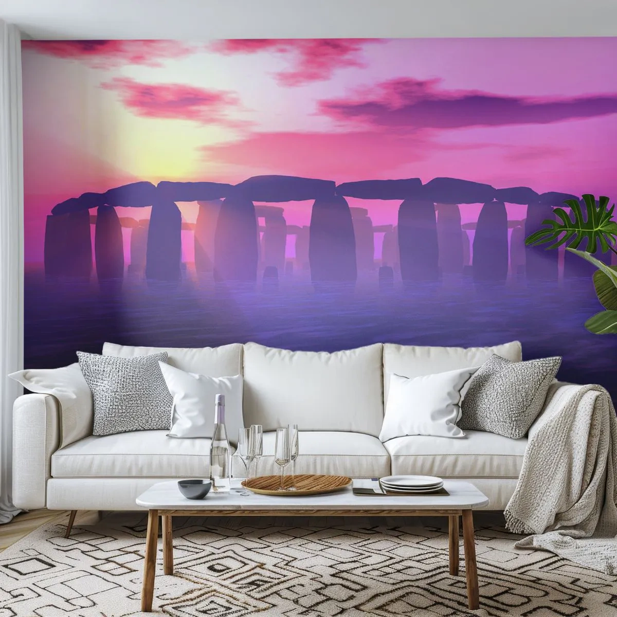 Papel de Parede Premium Sand - O mistério do amanhecer no nevoeiro - Arquitetura, Stonehenge, Círculos de Pedra - 300x210 cm