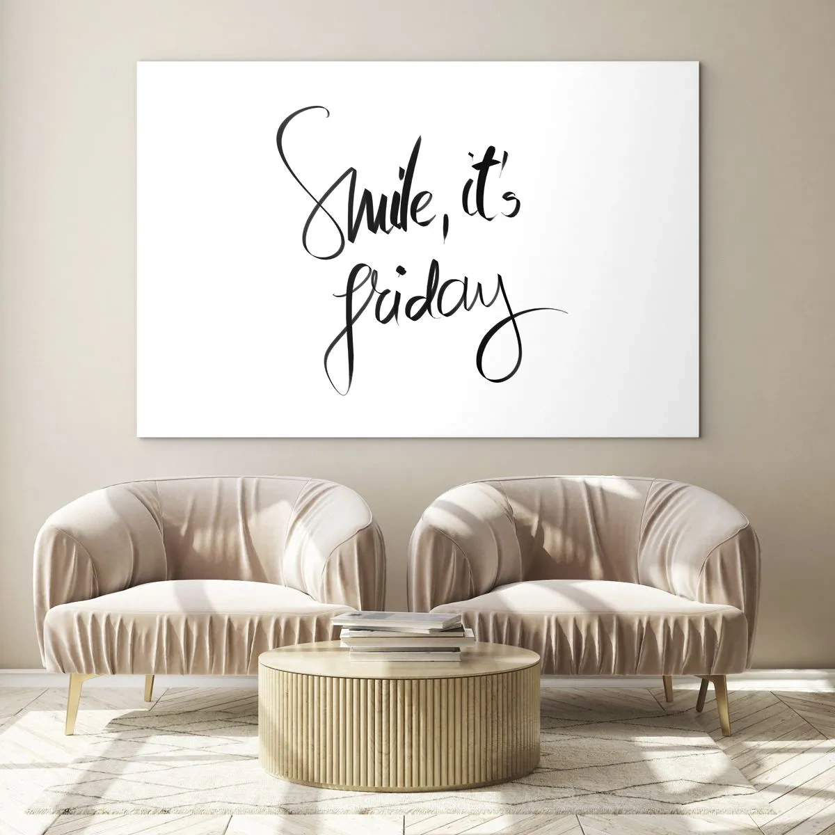 Quadro em vidro - Citação de "Sorria, é sexta-feira" em caligrafia - 70x50cm - Verdadeira alegria - Decoração de parede moderna para a sala de estar e quarto ARTTOR