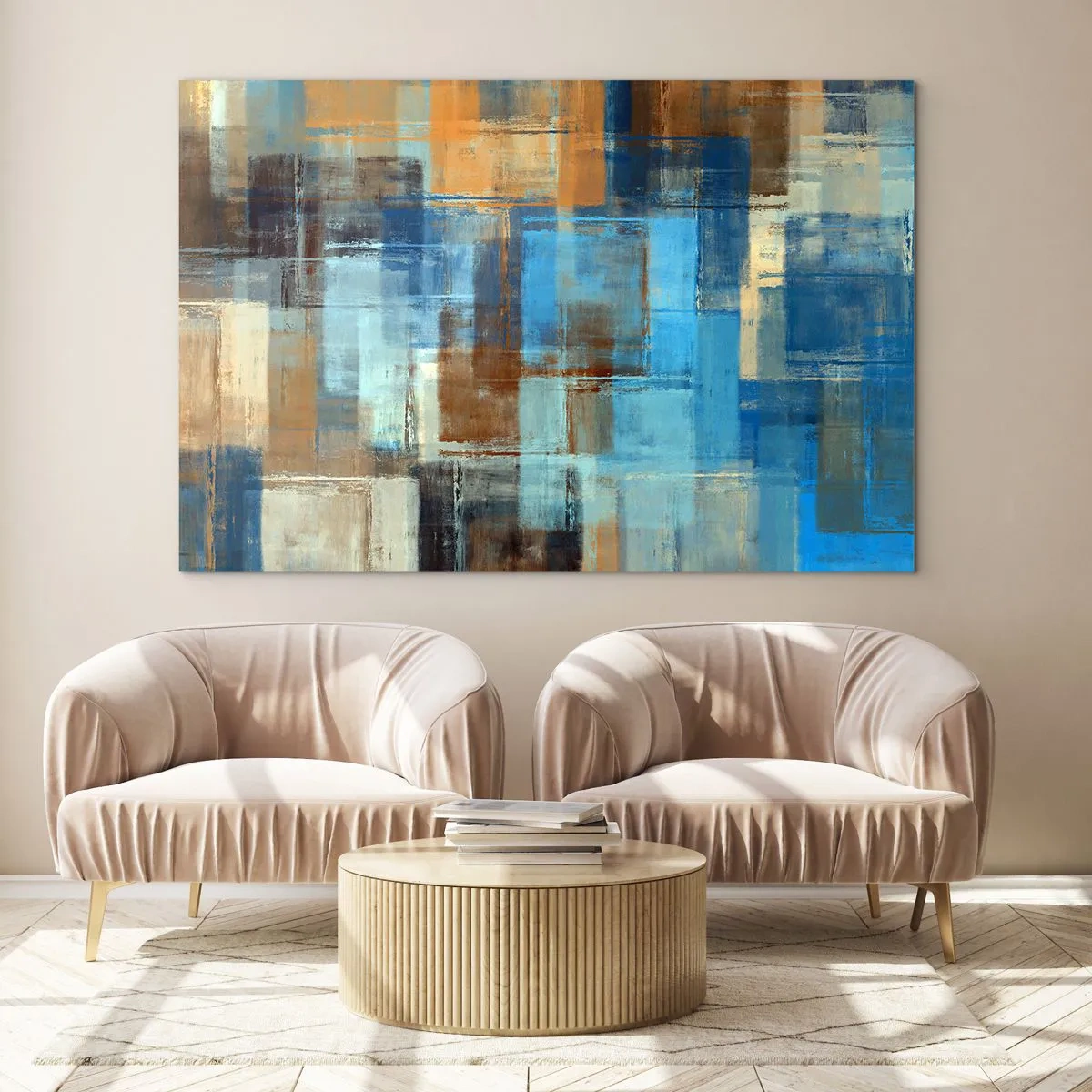 Quadro em vidro - Composição geométrica abstrata em tons de azul e marrom - 70x50cm - Através da cortina azul - Decoração de parede moderna para a sala de estar e quarto ARTTOR