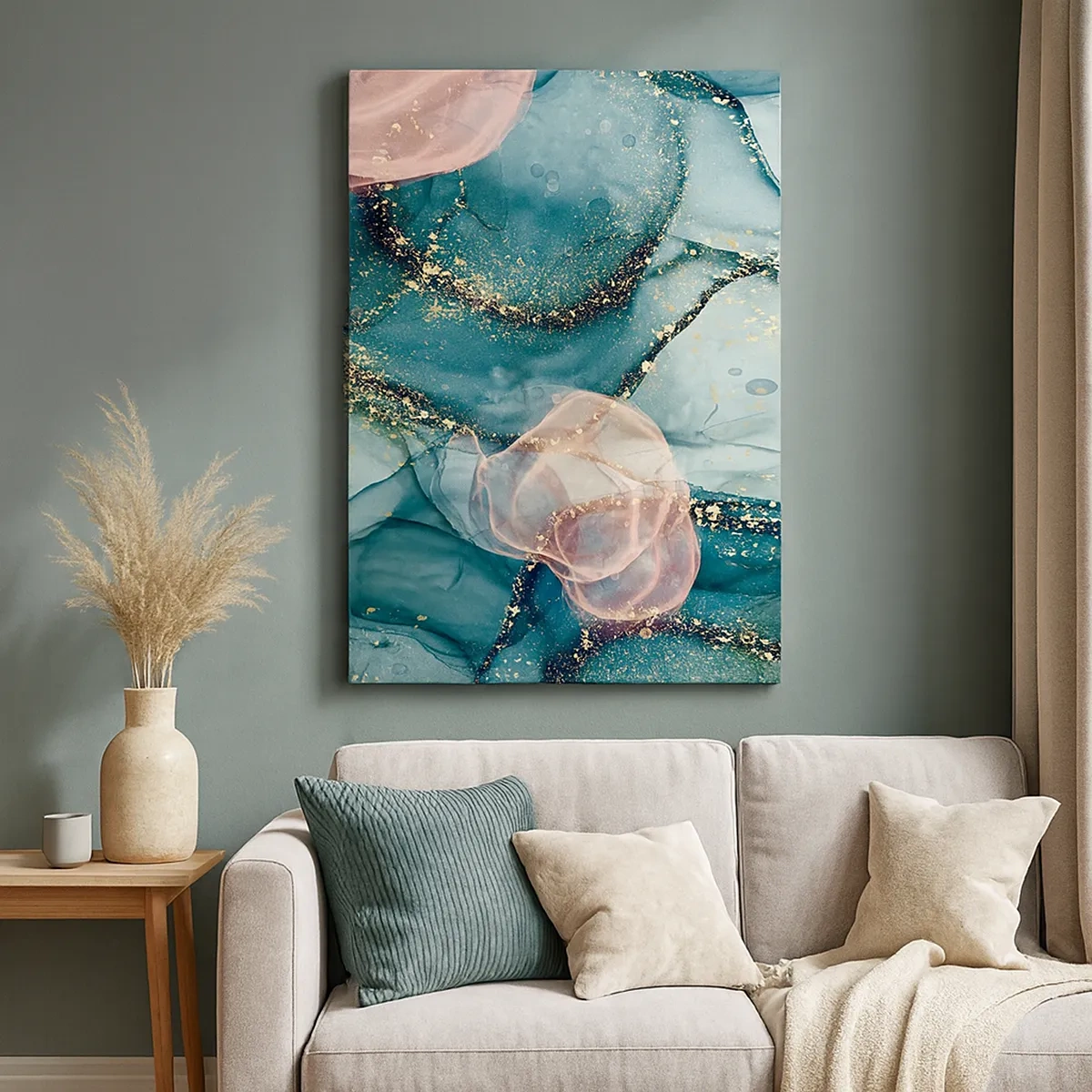 Quadro em tela - Azul seda, rosa tule - 50x70 cm