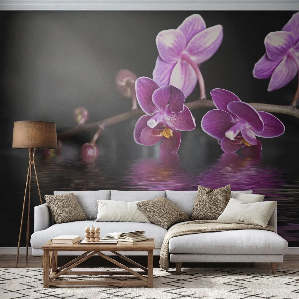 Papel de Parede Autocolante Deluxe Sticker - Reflexo lilás da beleza - Flores, Orquídea, Natureza - 250x175 cm