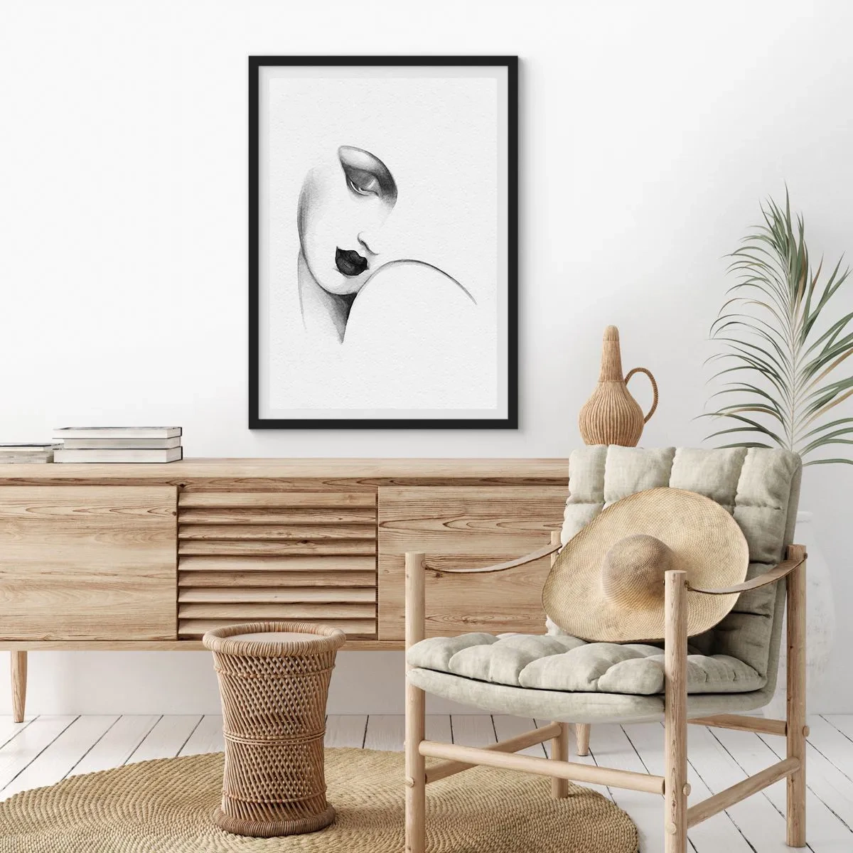 Pôster com moldura preta - Um retrato sutil de uma mulher em estilo preto e branco - 50x70cm - No estilo de Łempicka - Decoração de parede moderna para a sala de estar e quarto ARTTOR