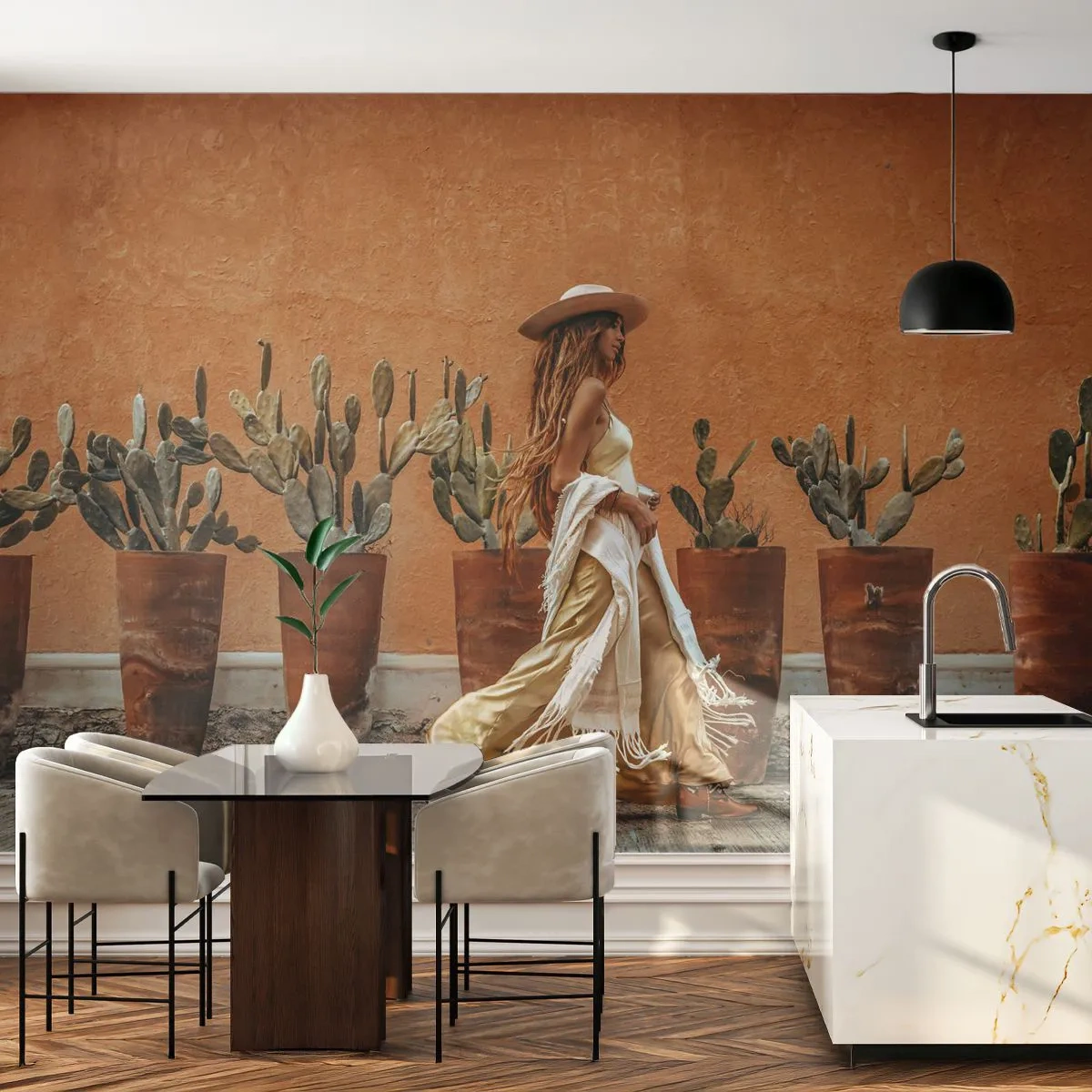 Papel de Parede Premium Canvas - Estilo hippie - Boho, Mulher, Cactos - 300x210 cm