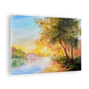 Quadro em vidro - Lago com árvores ao pôr do sol - 70x50cm - Et in Arcadia ego - Decoração de parede moderna para a sala de estar e quarto ARTTOR