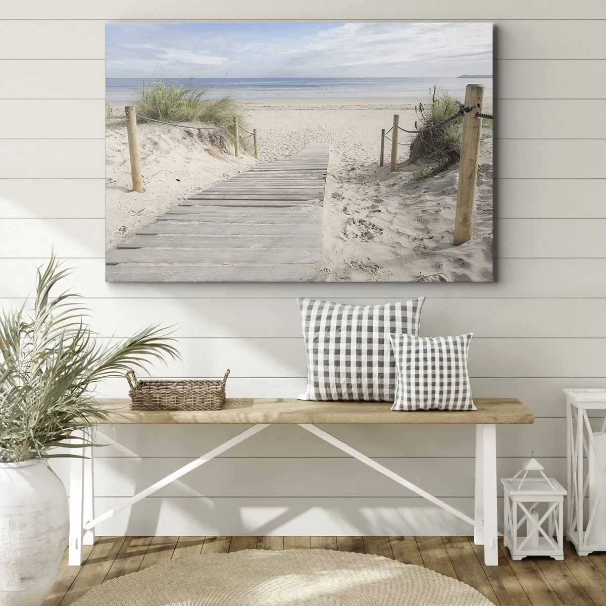 Quadro em tela - Um caminho de tábuas que leva a uma praia de areia - 70x50cm - Pelo horizonte - Decoração de parede moderna para a sala de estar e quarto ARTTOR
