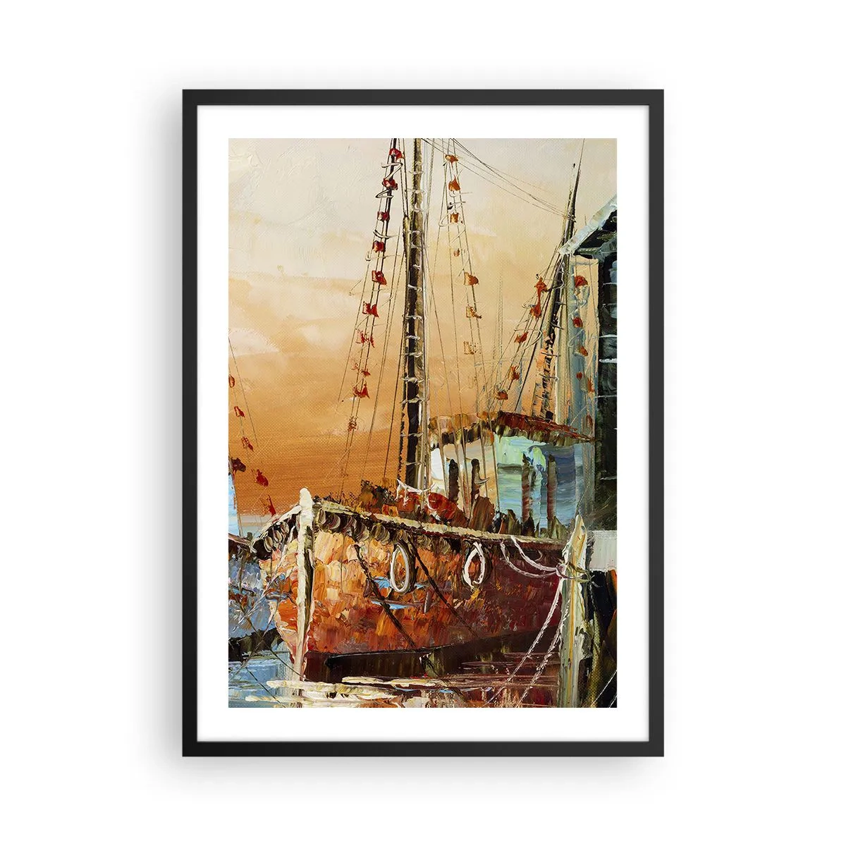 Pôster com moldura preta - Um veleiro com o pôr do sol como pano de fundo - 50x70cm - Um regresso tranquilo - Decoração de parede moderna para a sala de estar e quarto ARTTOR