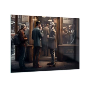 Quadro em vidro - Homens conversando do lado de fora de um café em um ambiente urbano retrô - 70x50cm - Boa hora do dia - Decoração de parede moderna para a sala de estar e quarto ARTTOR