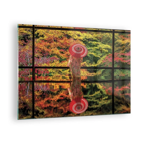 Quadro em vidro - Uma mulher de quimono com um guarda-chuva em uma paisagem de outono, refletida na água. - 70x50cm - No templo da natureza - Decoração de parede moderna para a sala de estar e quarto ARTTOR
