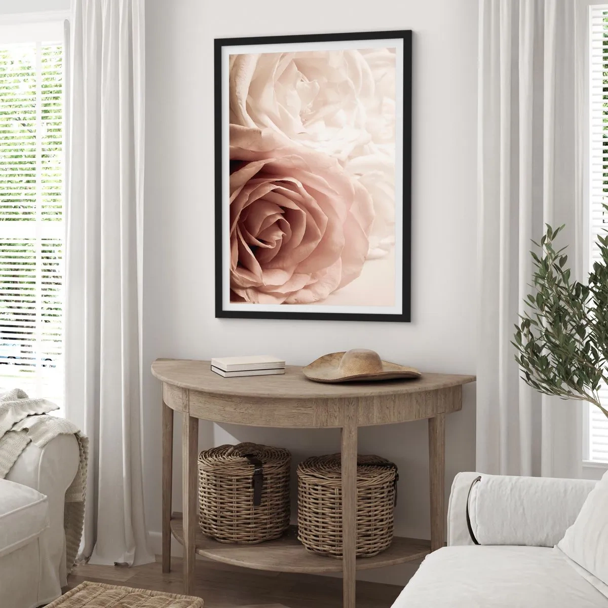 Pôster com moldura preta - Close-up de delicadas rosas creme - 50x70cm - No coração de uma rosa - Decoração de parede moderna para a sala de estar e quarto ARTTOR