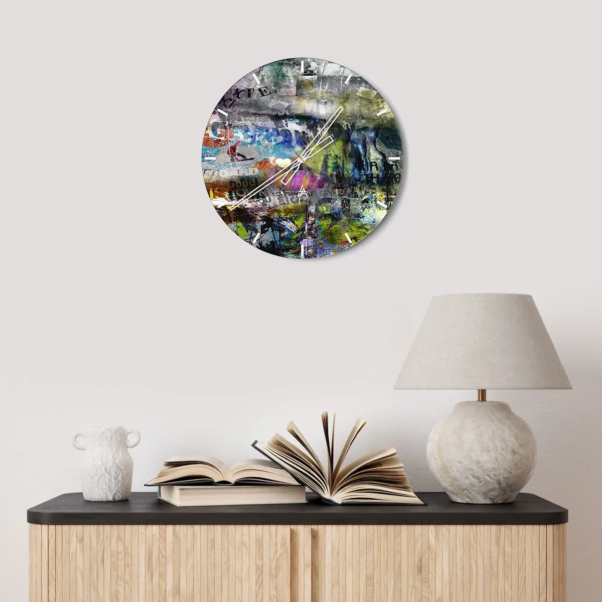 Relógio de parede - Relógio em vidro - Colagem de memórias - 40x40 cm