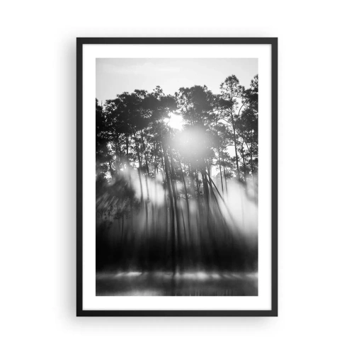 Pôster com moldura preta - Cena de floresta em preto e branco com raios de sol na neblina - 50x70cm - O sol imparável - Decoração de parede moderna para a sala de estar e quarto ARTTOR