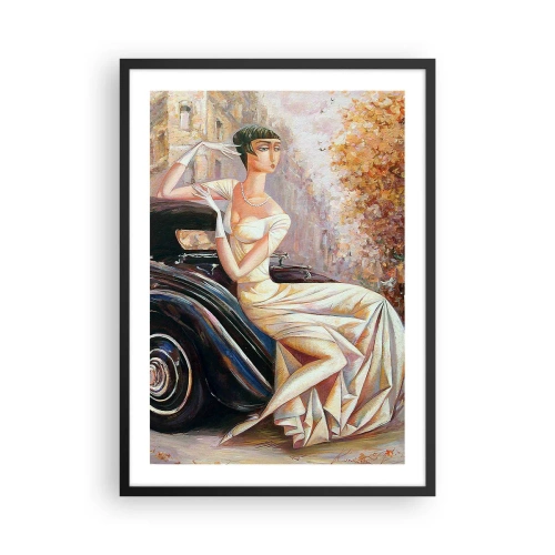 Pôster com moldura preta - Mulher elegante ao lado de um carro retrô em estilo pictórico - 50x70cm - Elegância retro - Decoração de parede moderna para a sala de estar e quarto ARTTOR