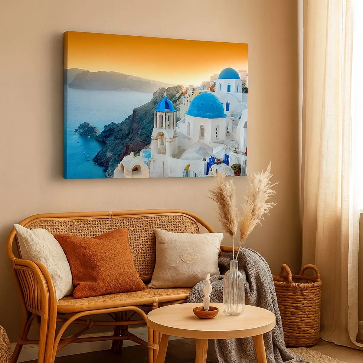 Quadro em tela - Vista de Santorini com edifícios brancos e mar azul - 70x50cm - Santorini - abraçada às rochas - Decoração de parede moderna para a sala de estar e quarto ARTTOR