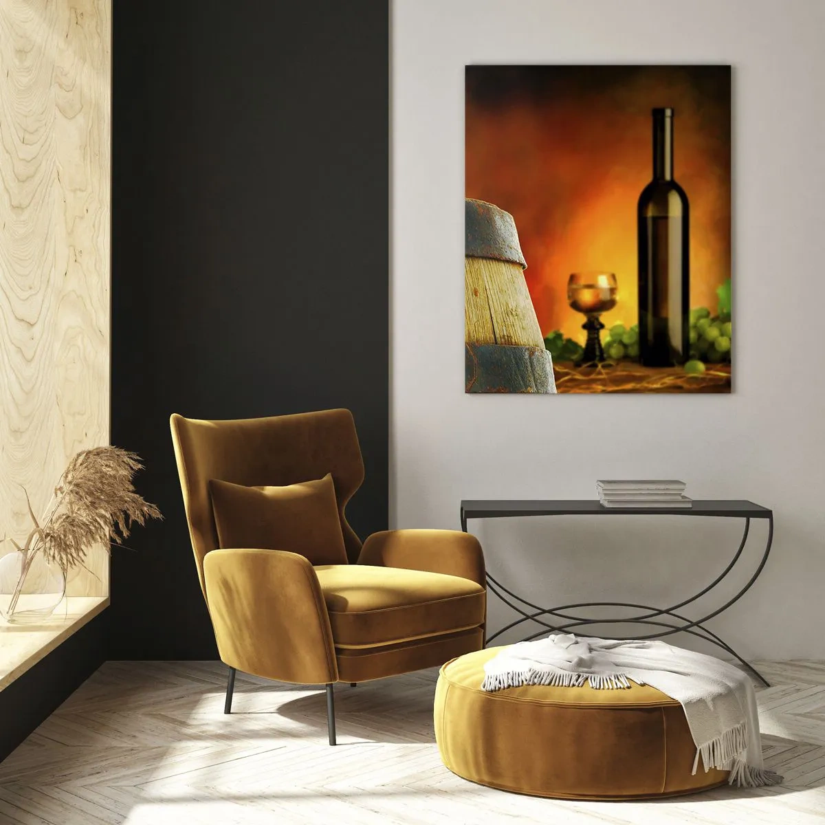 Quadro em vidro - Natureza morta com uma garrafa de vinho e um cacho de uvas - 50x70 cm
