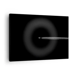 Quadro em tela - Um avião a jato com uma trilha visível em um fundo preto - 70x50cm - Em outra dimensão - Decoração de parede moderna para a sala de estar e quarto ARTTOR