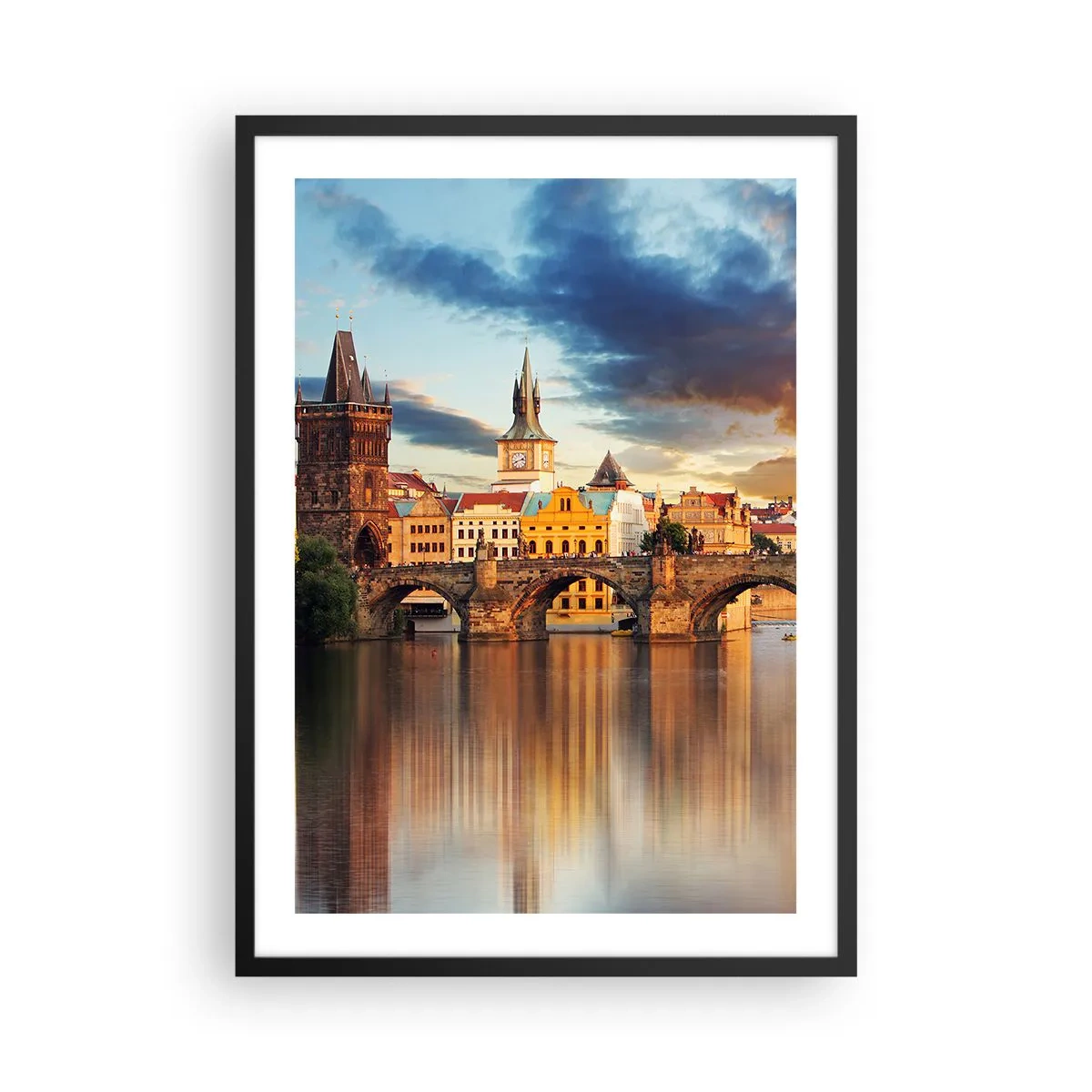 Pôster com moldura preta - Ponte Carlos em Praga ao pôr do sol - 50x70cm - Linda há séculos - Decoração de parede moderna para a sala de estar e quarto ARTTOR
