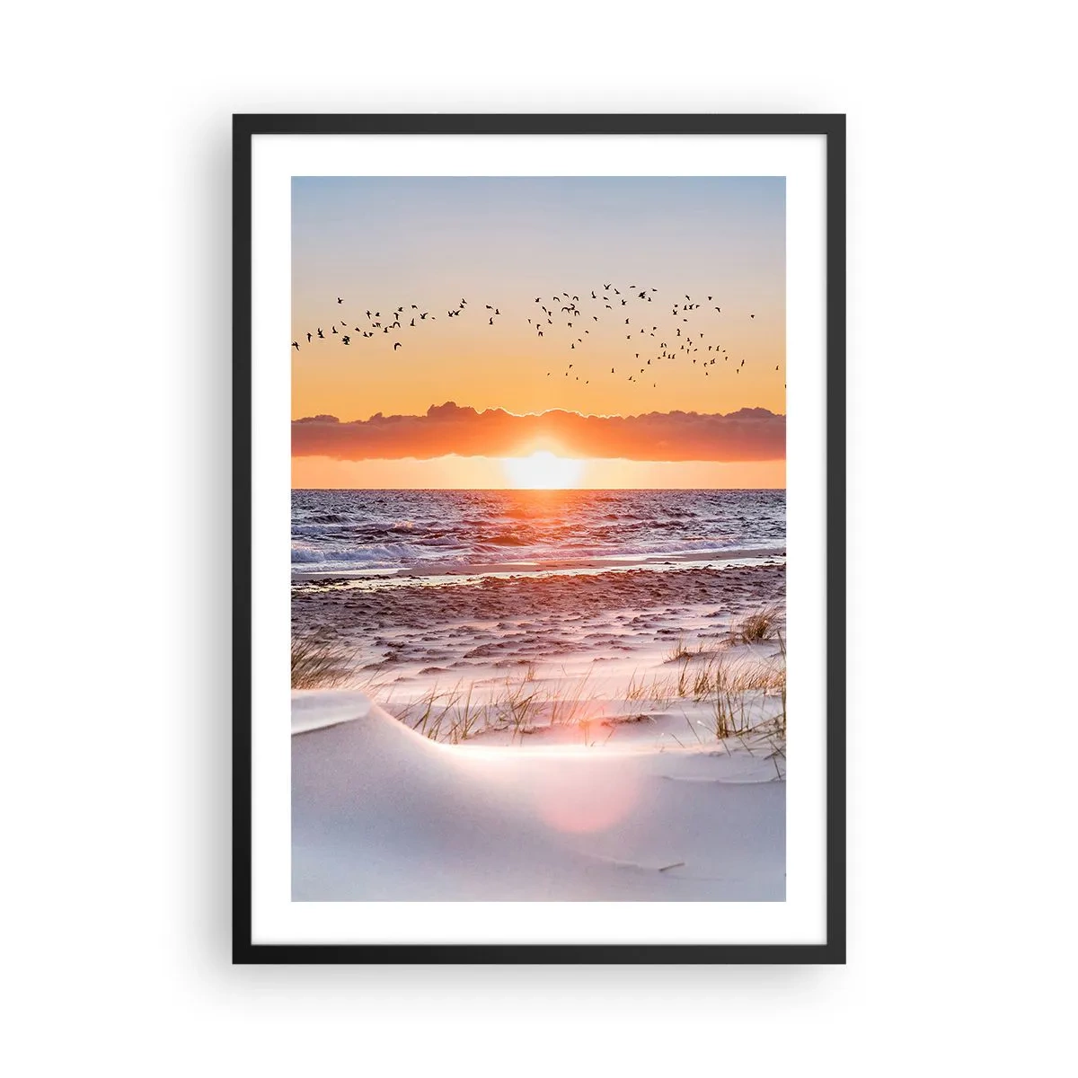 Pôster com moldura preta - Pôr do sol sobre o mar com pássaros no horizonte e a praia - 50x70cm - Paisagem horizontal - Decoração de parede moderna para a sala de estar e quarto ARTTOR