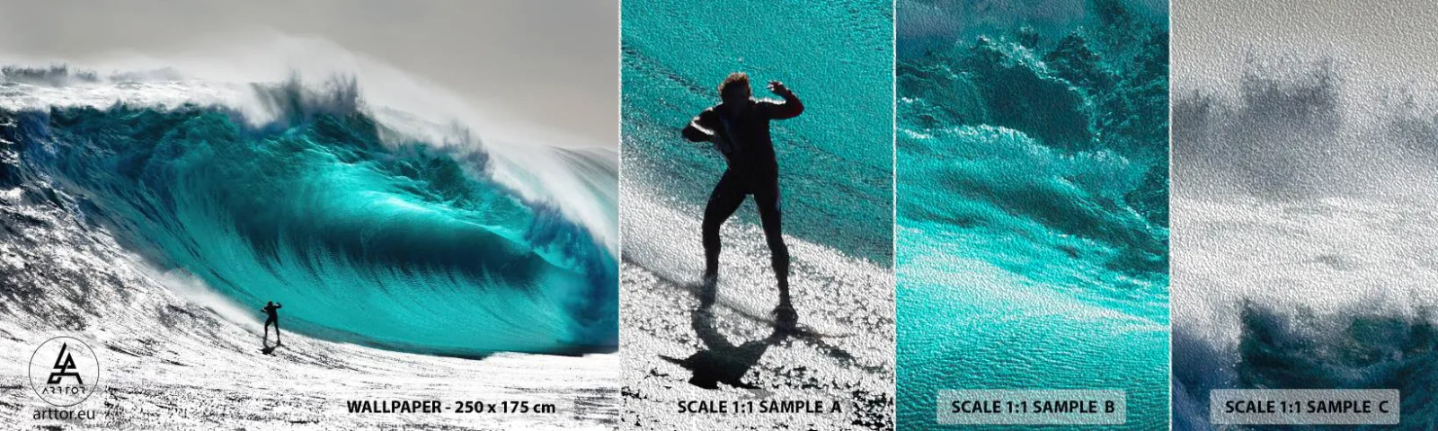 Amostra de papel de parede Premium Sand - Desafio aceite - Surfar, Onda alta, Surfista - 100x30 cm