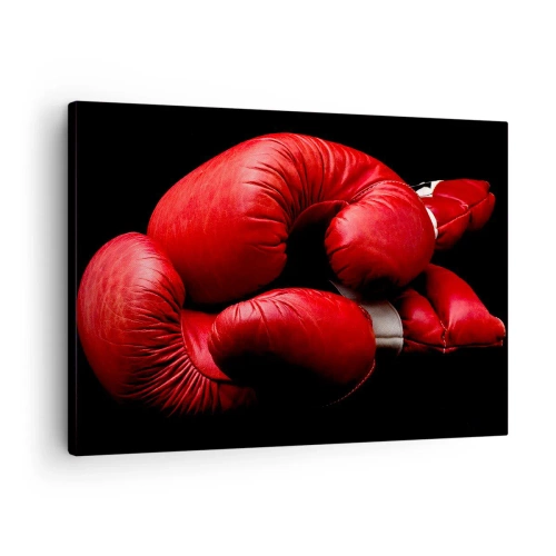 Quadro em tela - Luvas de boxe vermelhas em um fundo preto - 70x50cm - As emoções da luta ficaram para trás - Decoração de parede moderna para a sala de estar e quarto ARTTOR