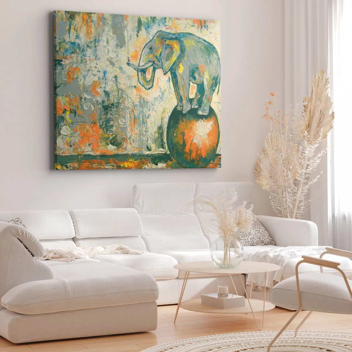 Quadro em tela - Um elefante equilibrado em uma bola em um estilo artístico - 70x50cm - Viva o circo! - Decoração de parede moderna para a sala de estar e quarto ARTTOR