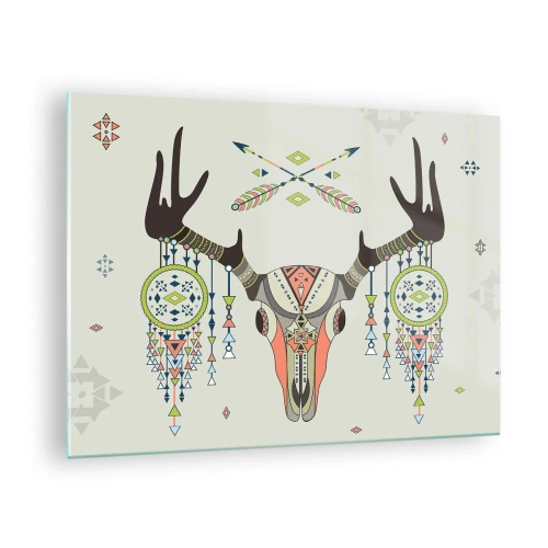 Quadro em vidro - Chifres simbólicos e padrões nativos americanos em um fundo claro - 70x50cm - Troféu de caçador indiano - Decoração de parede moderna para a sala de estar e quarto ARTTOR