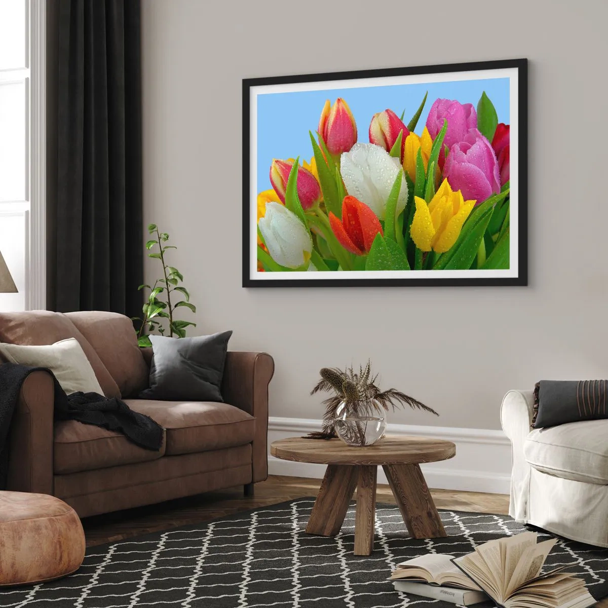 Pôster com moldura preta - Arco-íris floral em gotas de orvalho - 70x50 cm