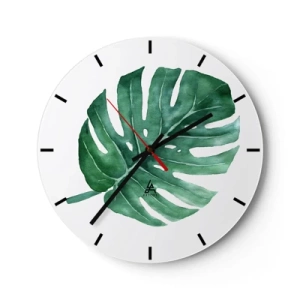 Relógio de parede - Relógio em vidro - Ilustração em aquarela de uma folha de monstera - 30x30cm - Conceito verde - Decoração de parede moderna para a sala de estar, cozinha e quarto ARTTOR