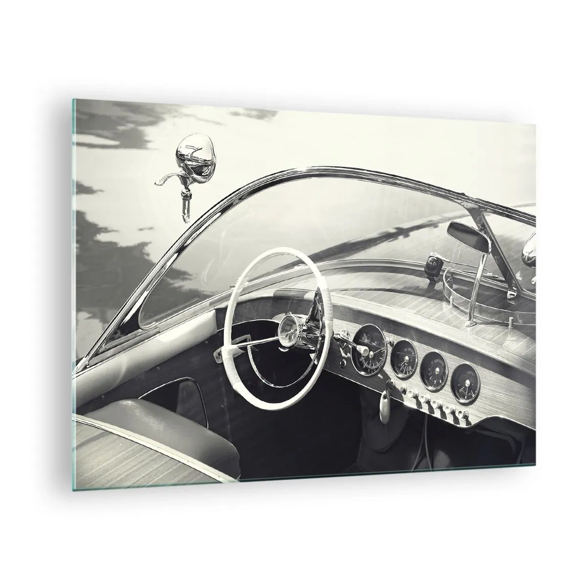 Quadro em vidro - Cockpit de carro clássico em preto e branco - 70x50cm - Tempo para os ricos - Decoração de parede moderna para a sala de estar e quarto ARTTOR
