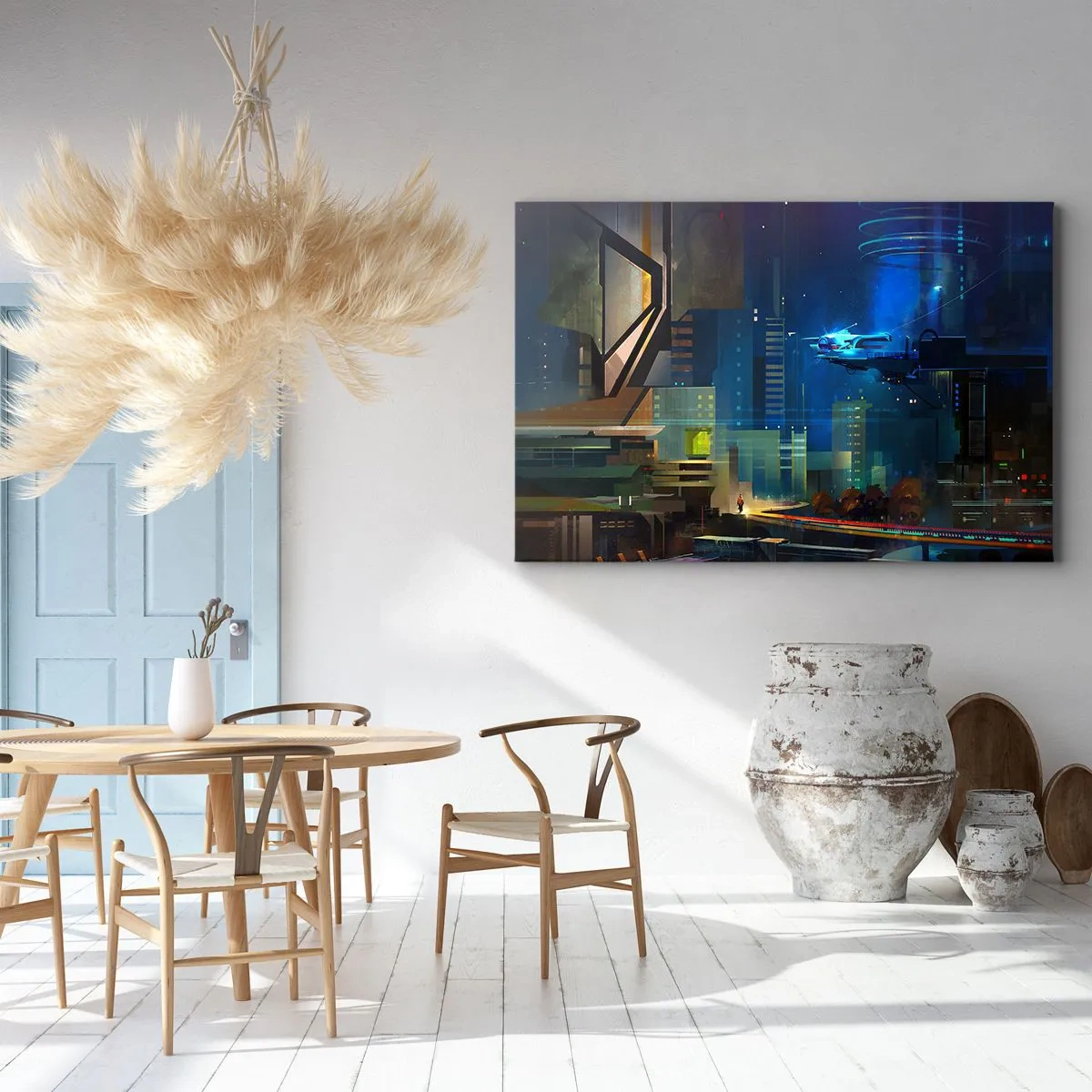 Quadro em tela - Cidade futurista à noite com luzes de neon e um veículo voador - 70x50cm - Num futuro próximo - Decoração de parede moderna para a sala de estar e quarto ARTTOR