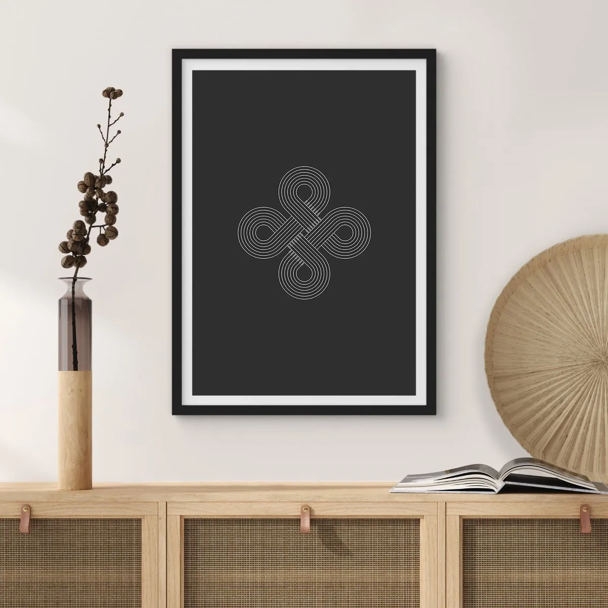 Pôster com moldura preta - Símbolo geométrico em fundo preto - 50x70cm - No espírito celta - Decoração de parede moderna para a sala de estar e quarto ARTTOR