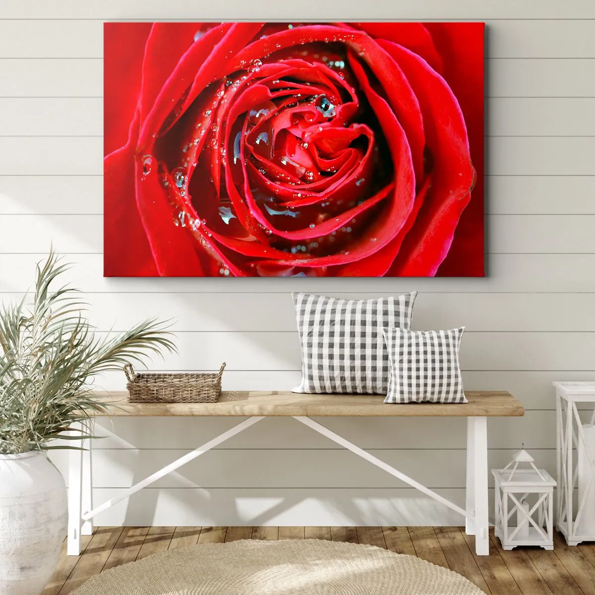 Quadro em tela - Close-up de uma rosa vermelha com gotas de água nas pétalas - 70x50cm - Em gotas de orvalho - Decoração de parede moderna para a sala de estar e quarto ARTTOR