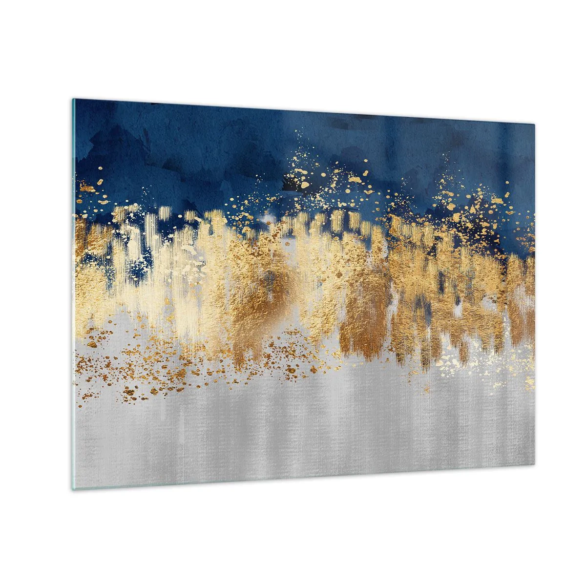 Quadro em vidro - Detalhes dourados em fundo azul marinho e prata - 70x50cm - Uma composição moderna com brilho - Decoração de parede moderna para a sala de estar e quarto ARTTOR
