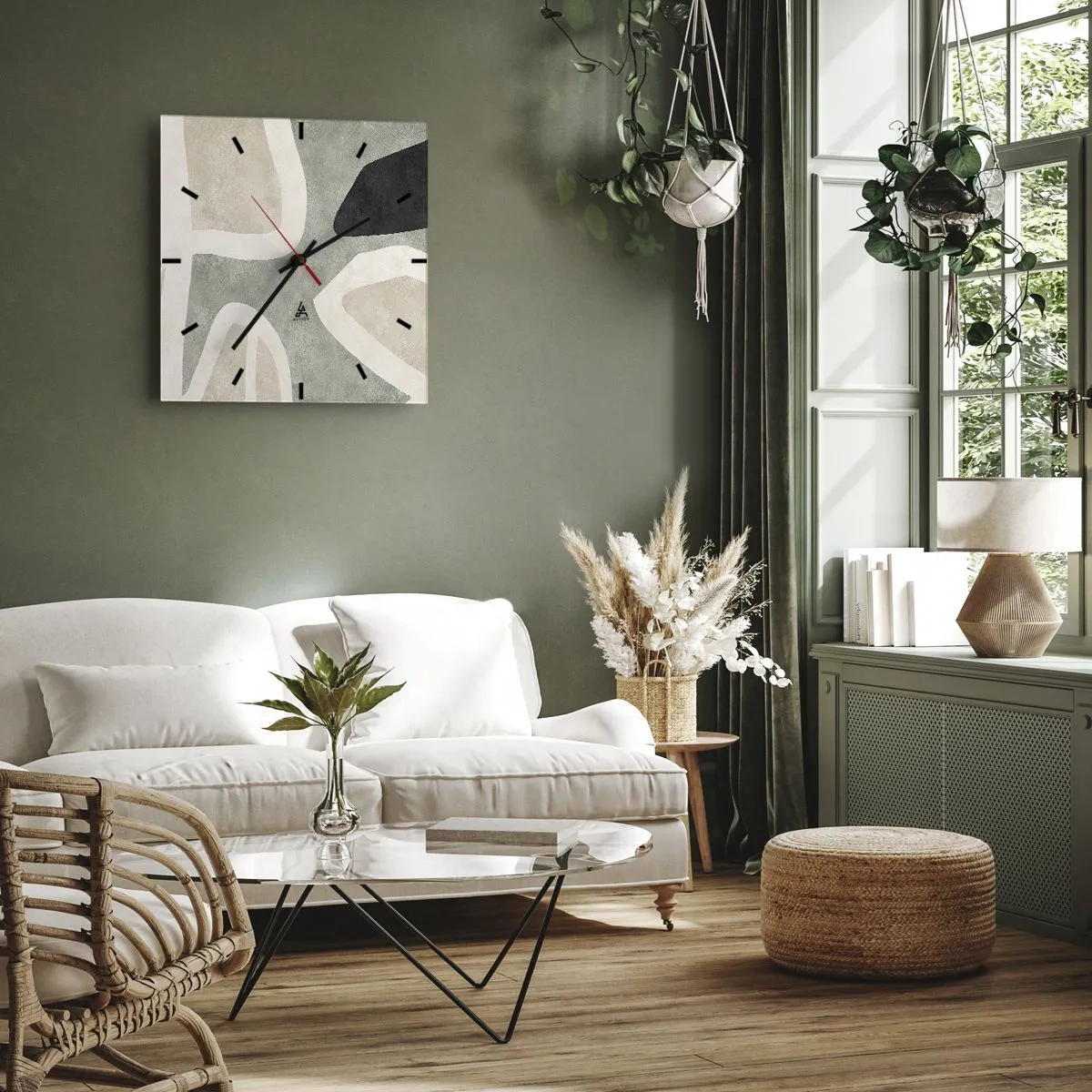 Relógio de parede - Relógio em vidro - Composição com motivo preto - 30x30 cm