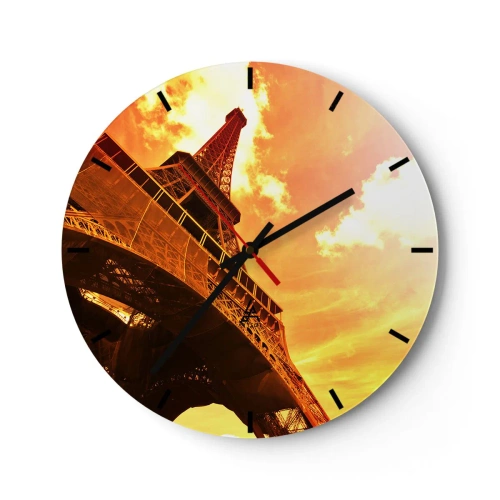 Relógio de parede - Relógio em vidro - Vista da Torre Eiffel ao pôr do sol em cores douradas - 30x30cm - Monumental, dourada pelo sol - Decoração de parede moderna para a sala de estar, cozinha e quarto ARTTOR