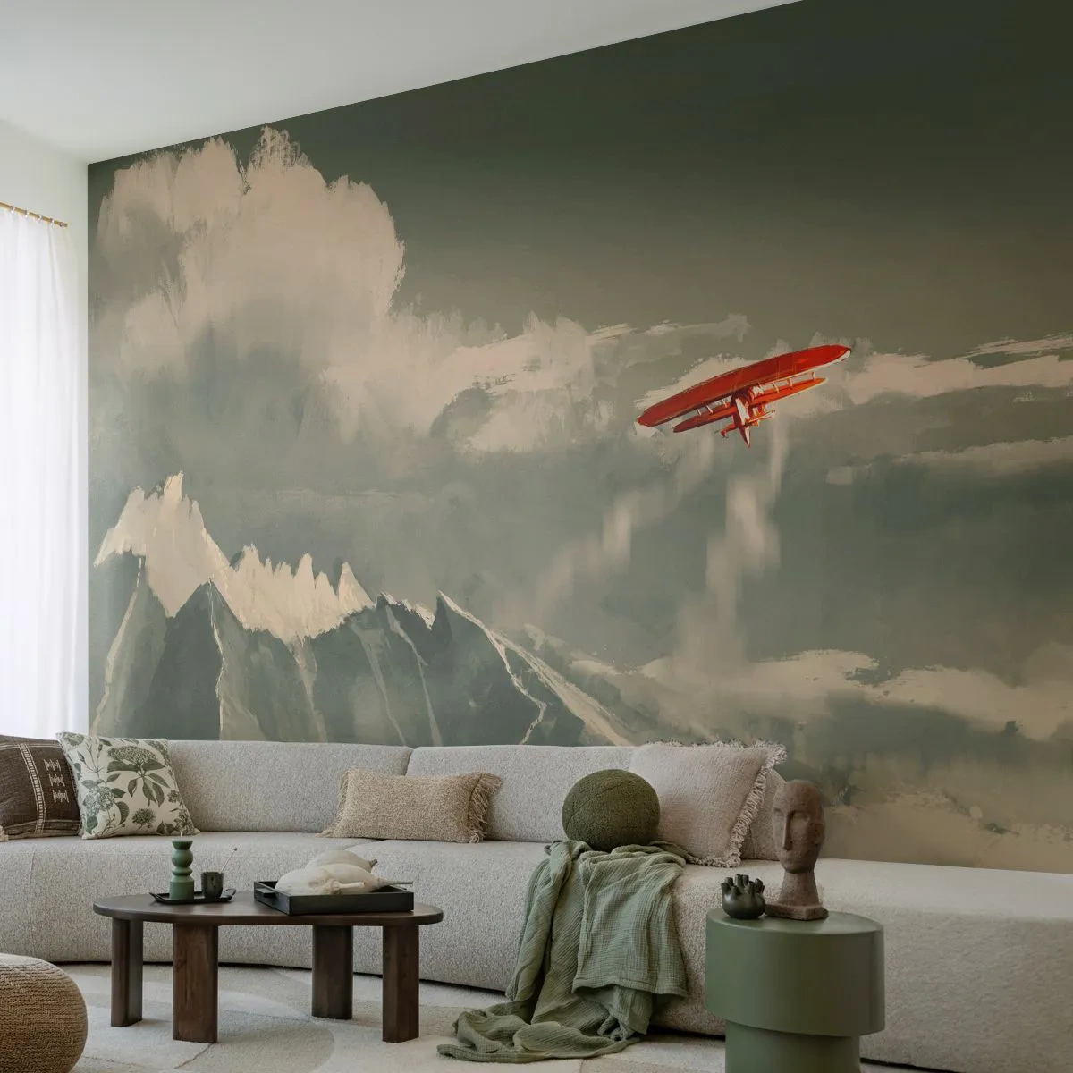 Papel de Parede Premium Sand - O pioneiro destemido - Abstração, Avião, Paisagem montanhosa - 300x210 cm