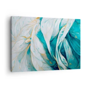 Quadro em tela - Folhas azuis abstratas com detalhes dourados - 70x50cm - Abstração azul com lema dourado - Decoração de parede moderna para a sala de estar e quarto ARTTOR