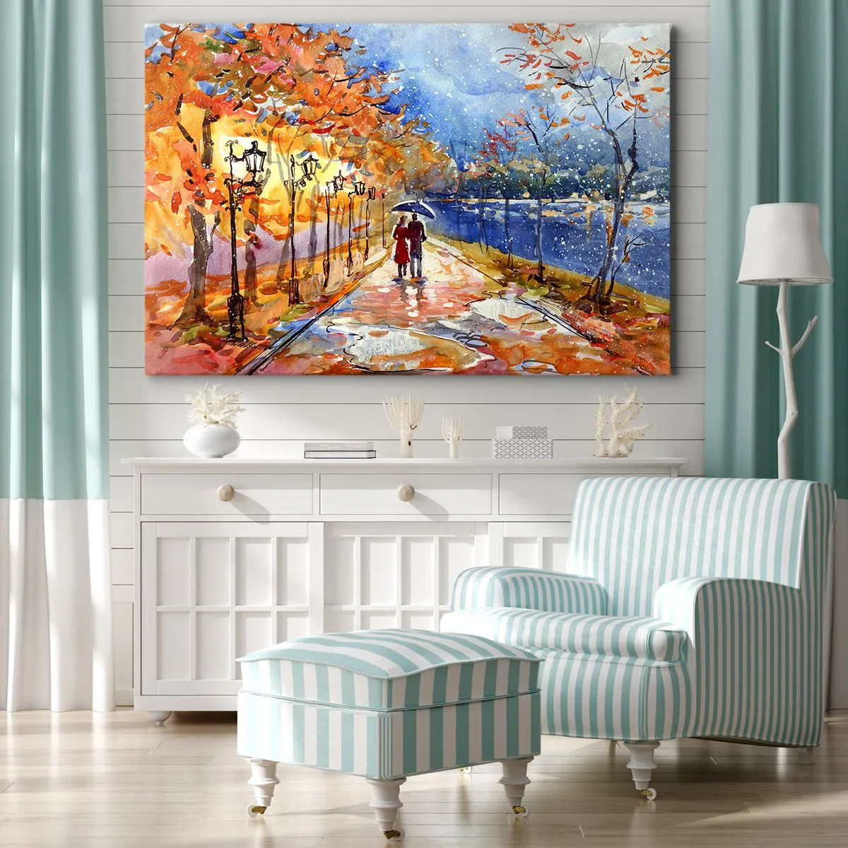 Quadro em tela - Um passeio de outono no parque na margem do rio sob um guarda-chuva - 70x50cm - Juntos até ao limite do tempo - Decoração de parede moderna para a sala de estar e quarto ARTTOR