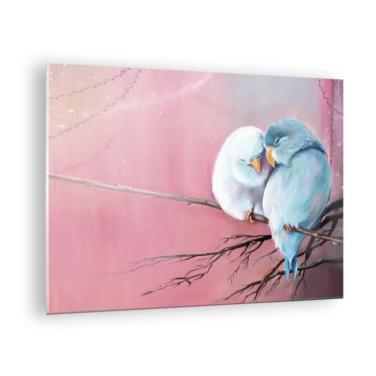 Quadro em vidro - Dois periquitos sentados em um galho contra um fundo rosa - 70x50cm - O que acrescentar aqui?... - Decoração de parede moderna para a sala de estar e quarto ARTTOR