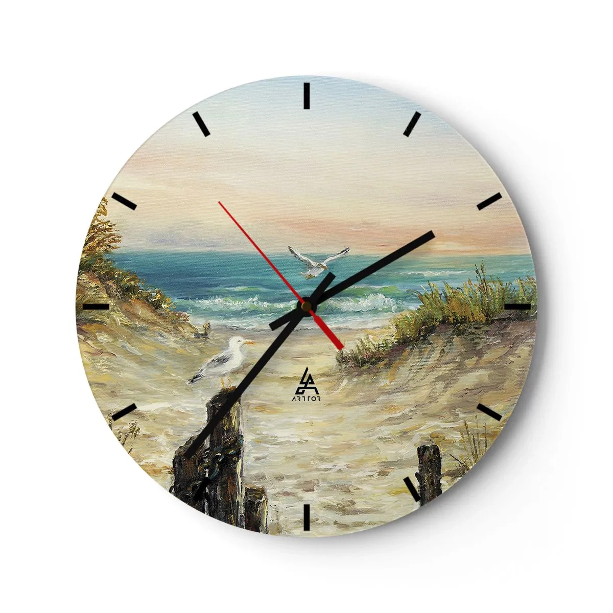 Relógio de parede - Relógio em vidro - Gaivotas sobre a praia ao pôr do sol - 30x30cm - Refúgio sem vento - Decoração de parede moderna para a sala de estar, cozinha e quarto ARTTOR