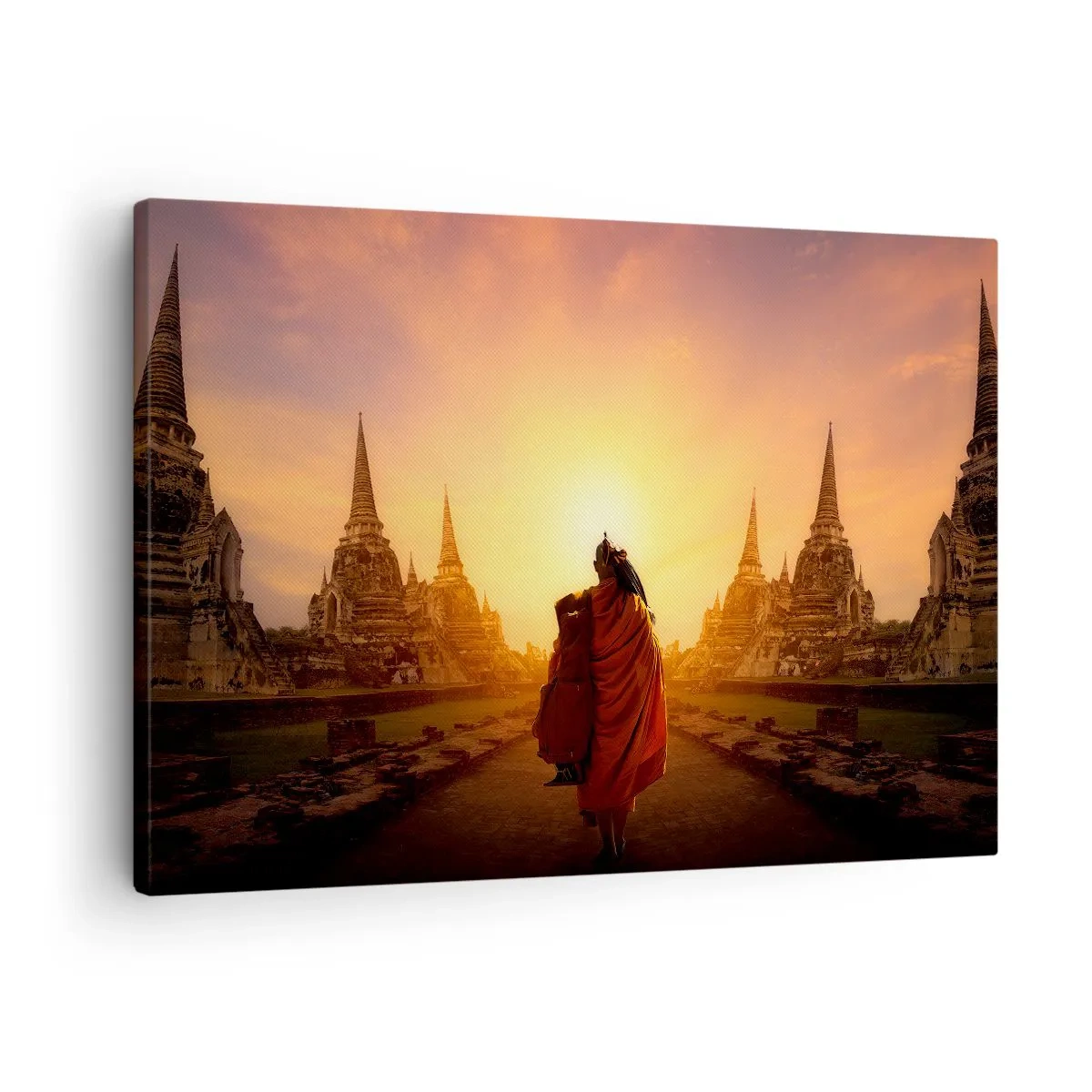 Quadro em tela - Um monge entre os templos ao pôr do sol - 70x50cm - Em paz para a eternidade - Decoração de parede moderna para a sala de estar e quarto ARTTOR